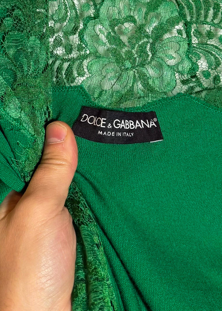 Chandail cache-cœur ﻿﻿Dolce & Gabbana﻿ vert émeraude avec bordures en dentelle