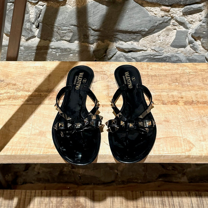 Valentino Black Rubber Jelly Rockstud Bow Thong Sandals