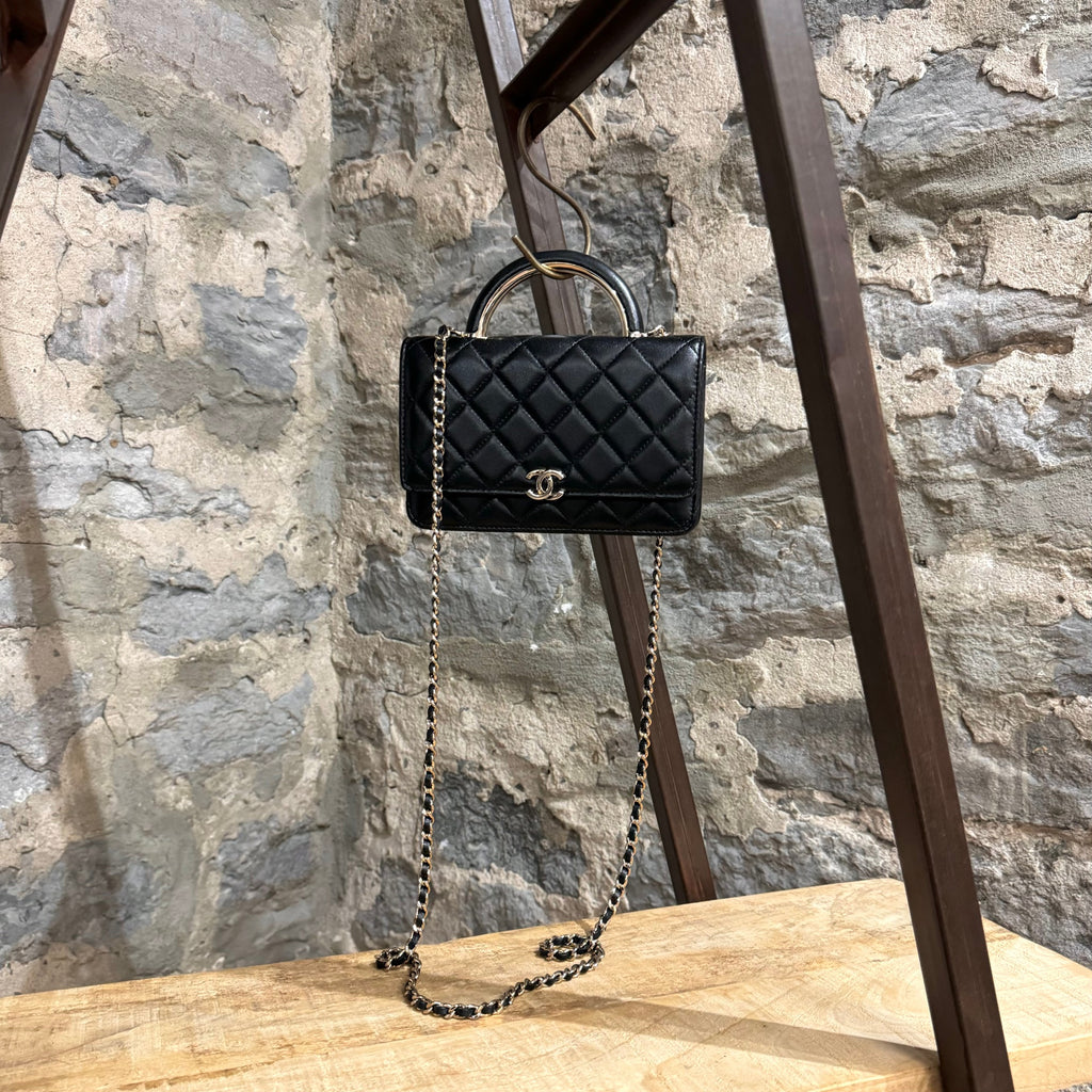 Chanel Black Lambskin Top Handle Wallet On Chain