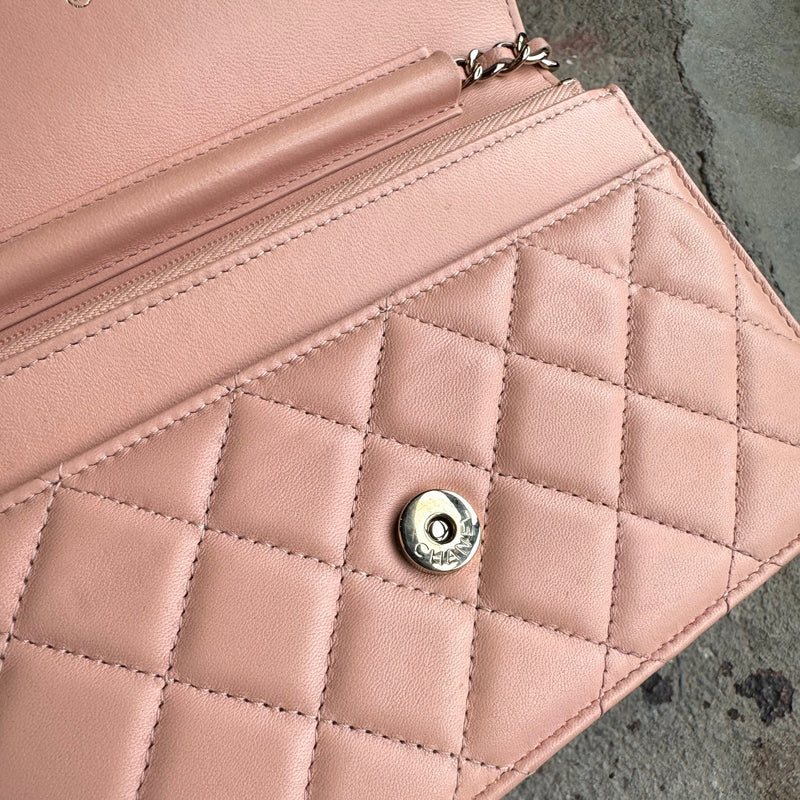 Chanel 2021 Pink Lambskin Quilted CC Classic Wallet On Chain