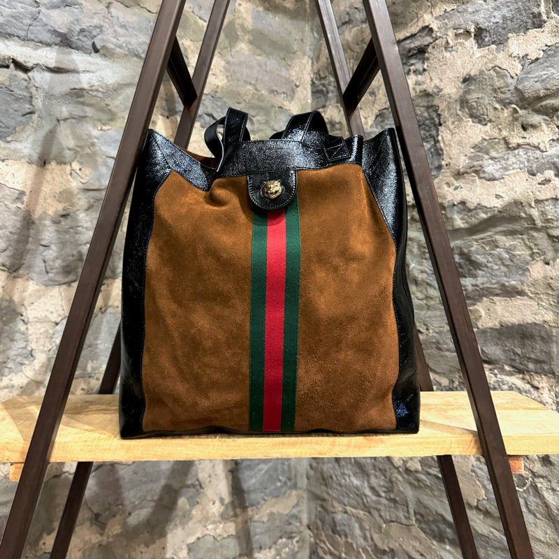 Grand sac fourre-tout Gucci Vertical Ophidia verni en daim marron avec pochette
