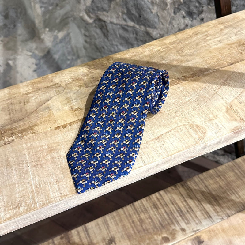 Cravate Hermès en soie imprimé cheval bleu