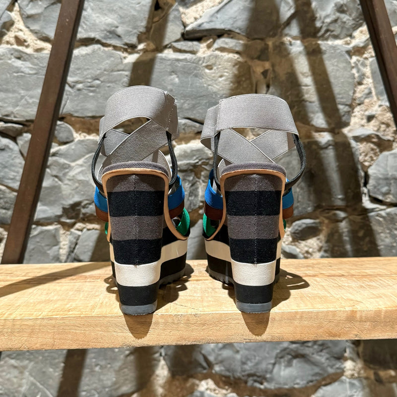 Prada Multicolor Striped Elastic Wedge Sandals