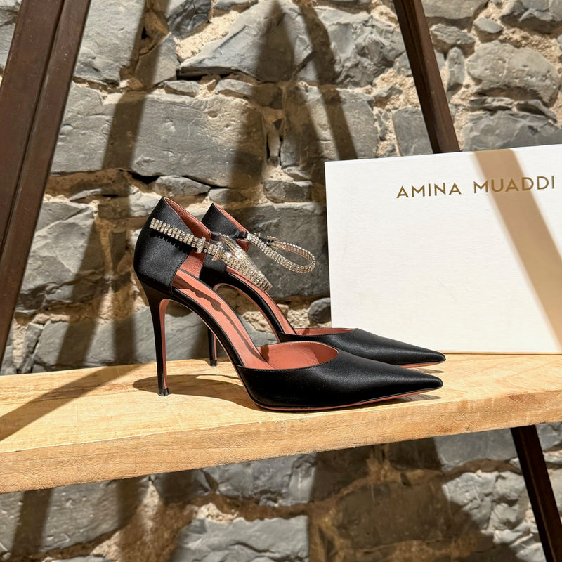 Amina Muaddi SS21 Ursina Black Satin Crystal Ankle Strap Pumps