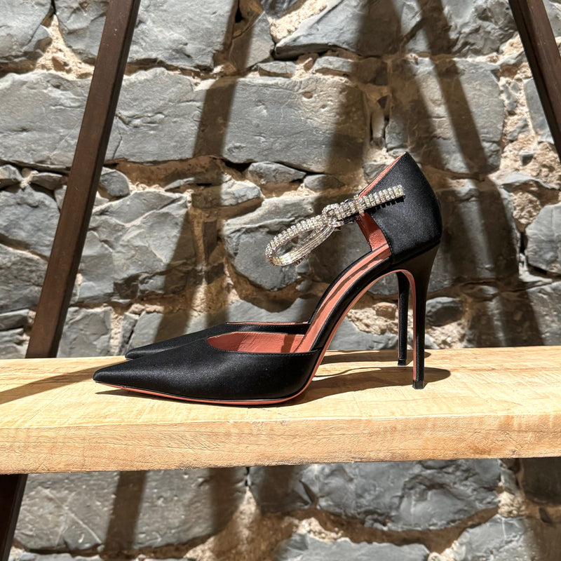 Amina Muaddi SS21 Ursina Black Satin Crystal Ankle Strap Pumps