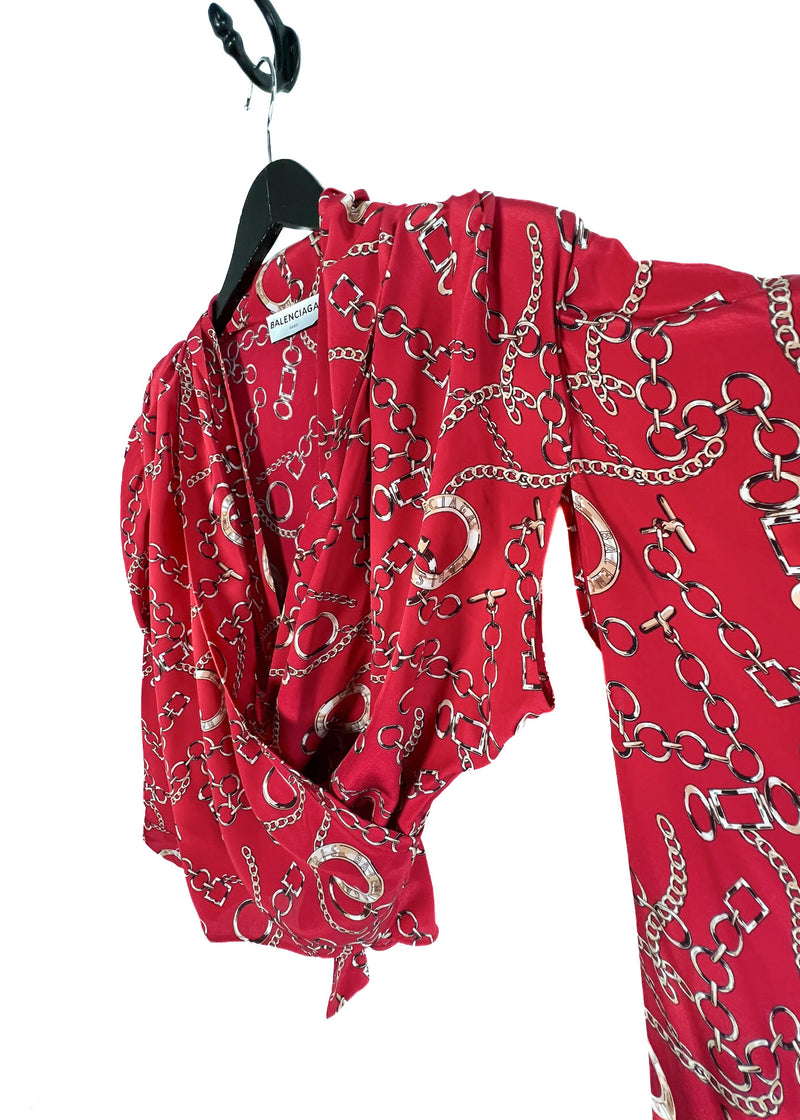 Balenciaga FW 2017 Red Chain Print Wrap Silk Kimono Blouse