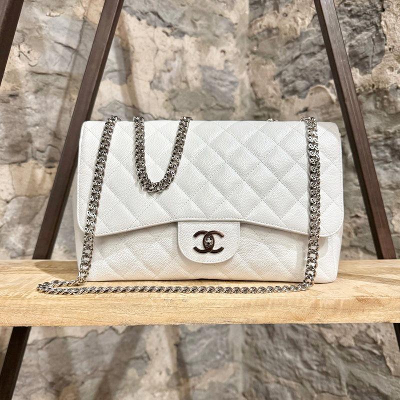 Chanel 2006-2008 White Caviar Bijoux Chain Jumbo Single Flap Bag