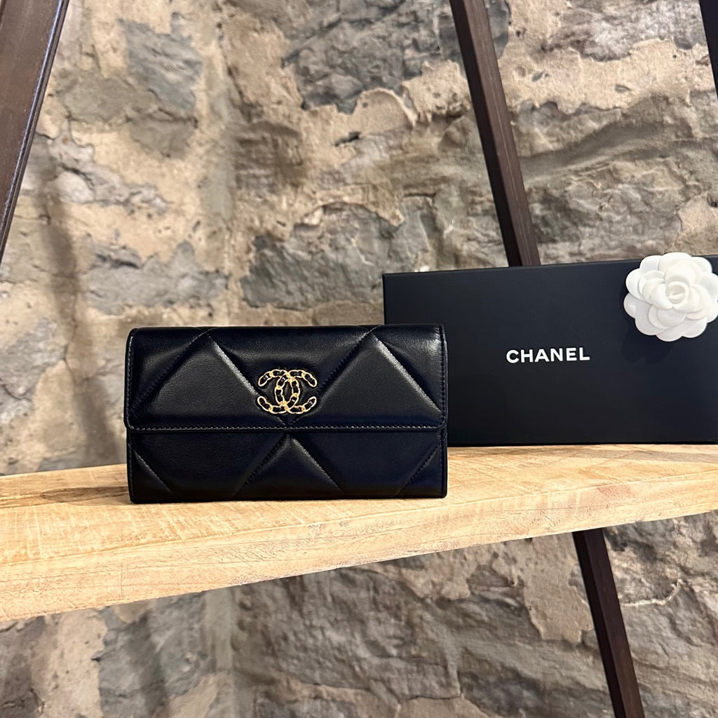 Chanel Black Shiny Leather 19 Long Flap Wallet
