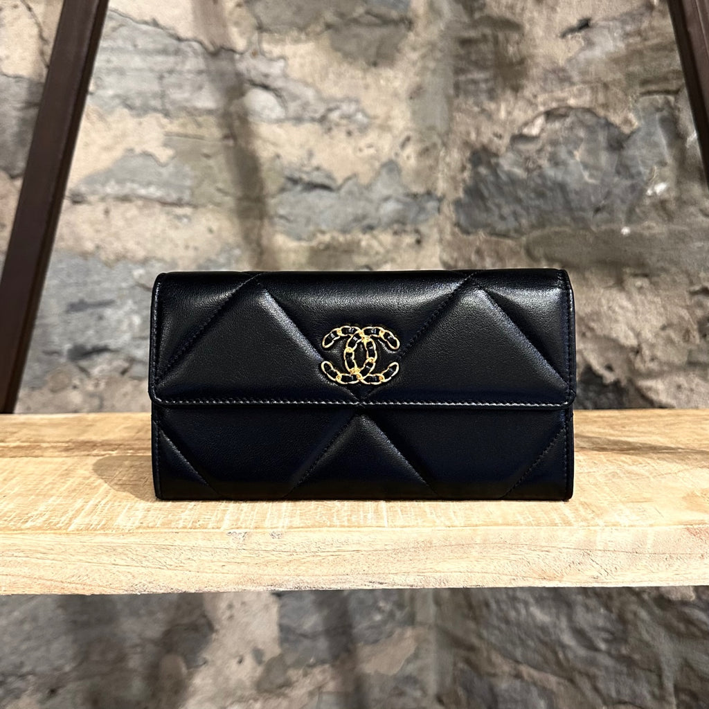 Chanel Black Shiny Leather 19 Long Flap Wallet