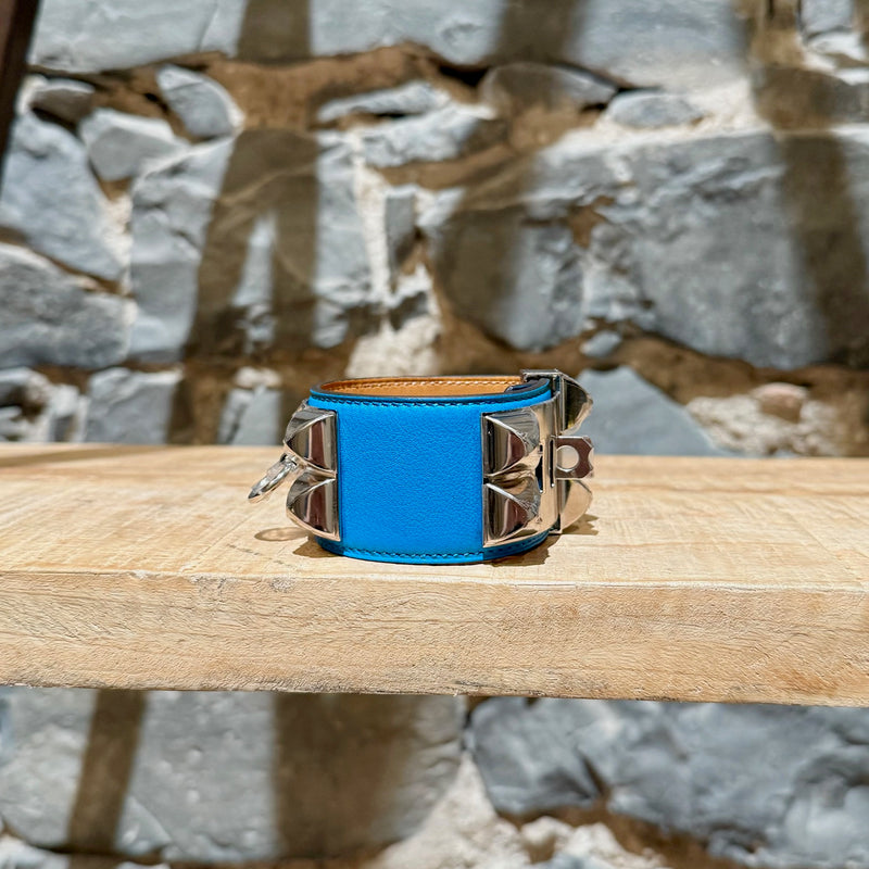 Hermès Zanzibar Blue Leather Palladium Hardware Collier De Chien Bracelet