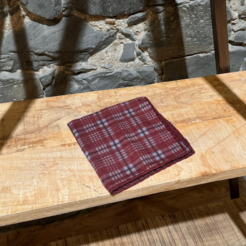 Brunello Cucinelli Burgundy Plaid Wool Pocket Square Scarf