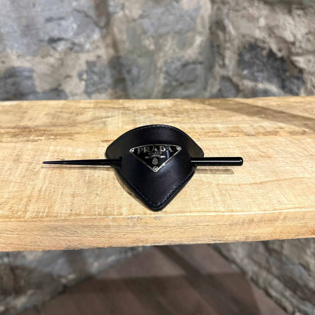 Prada Black Triangle Emblem Leather Hair Pin