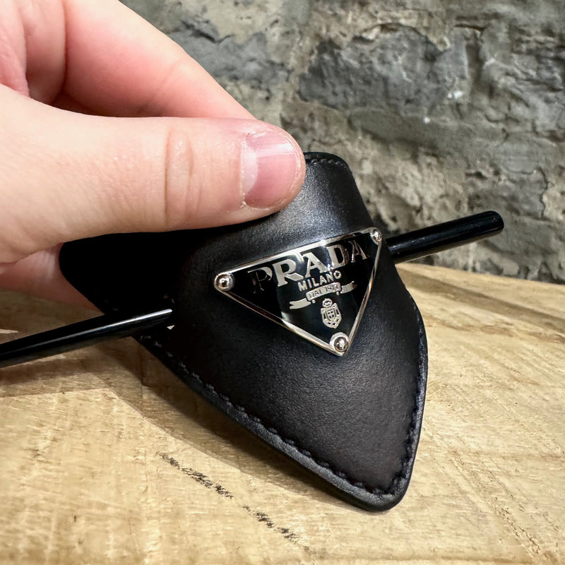 Prada Black Triangle Emblem Leather Hair Pin