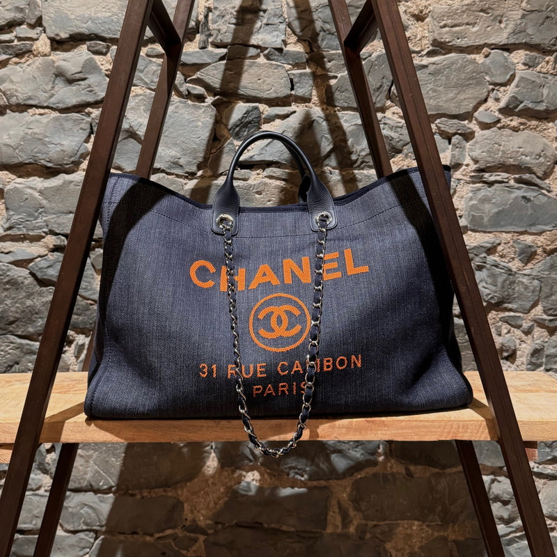 Chanel 2017 Dark Blue Denim Orange CC Logo Large Deauville Bag