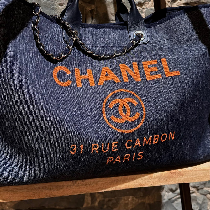 Chanel 2017 Dark Blue Denim Orange CC Logo Large Deauville Bag