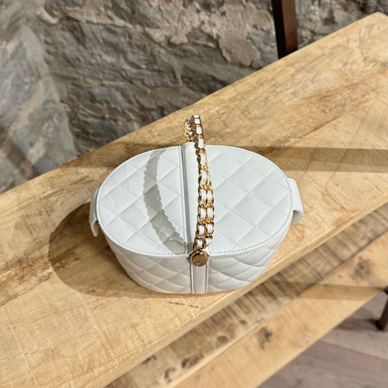 Chanel 2023 White Lambskin Mini Basket Gold Chain Vanity Bag