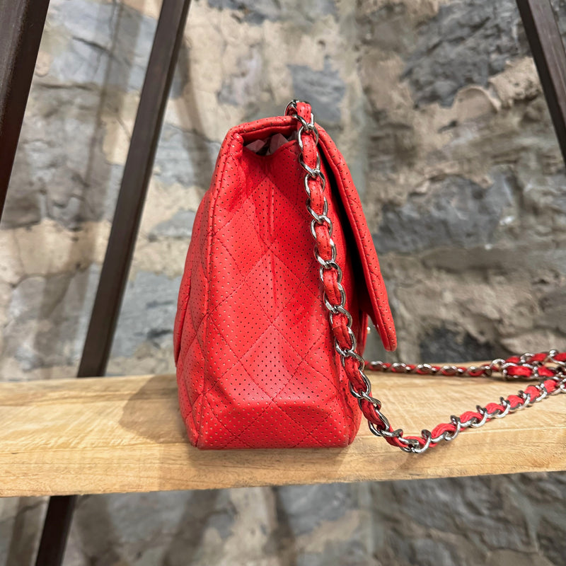 Chanel 2006-2008 Red Perforated Lambskin Jumbo Single Flap Chain Bag