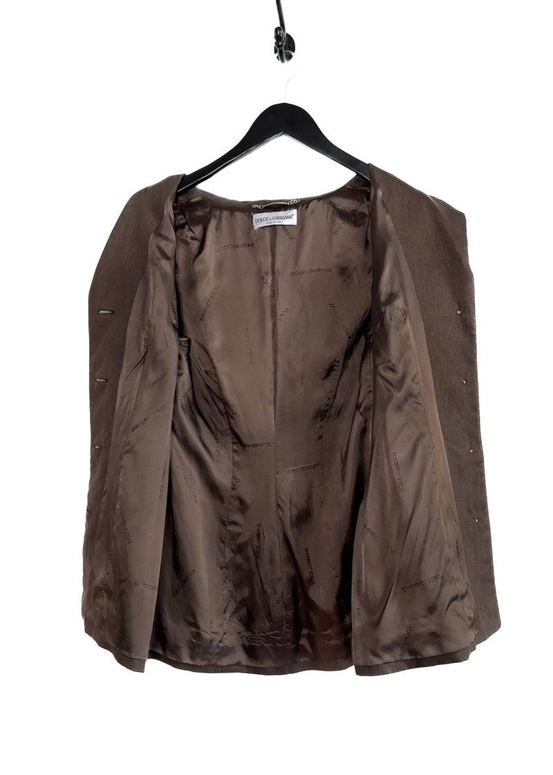 Dolce & Gabbana Vintage Brown Linen Cropped Sleeves Blazer