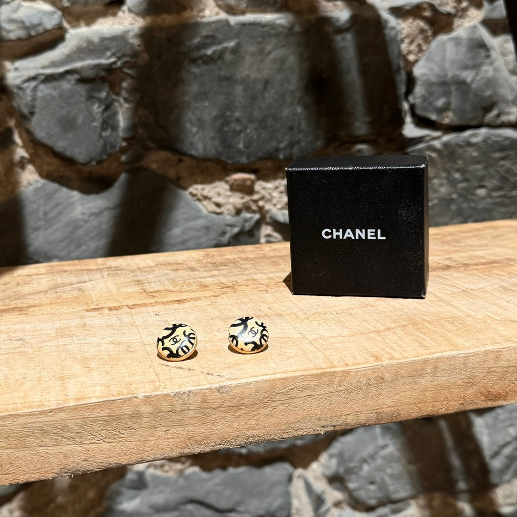 Chanel 2002 02P CC Logo Striped Round Stud Earrings