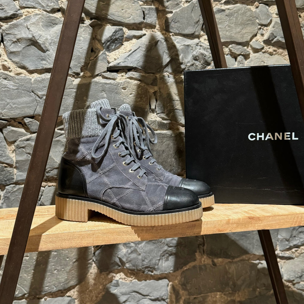 Chanel 2020 Grey Suede Quilted CC Cap Toe Combat Boots