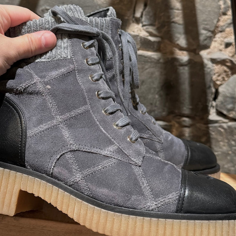 Chanel 2020 Grey Suede Quilted CC Cap Toe Combat Boots