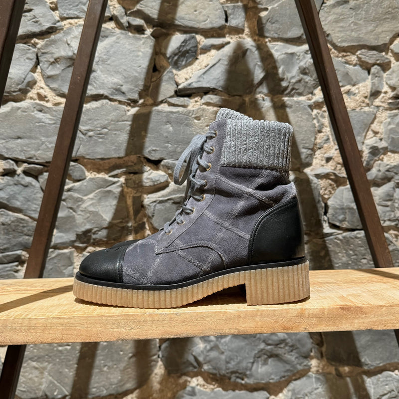 Chanel 2020 Grey Suede Quilted CC Cap Toe Combat Boots