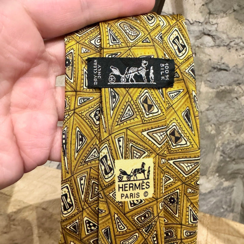 Hermès Ochre Gold Abstract Print Silk Tie