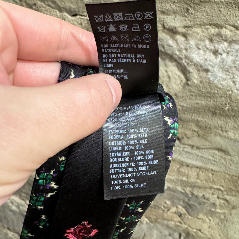 Prada 2019 Black Frankenstein Electric Hearts Print Silk Tie