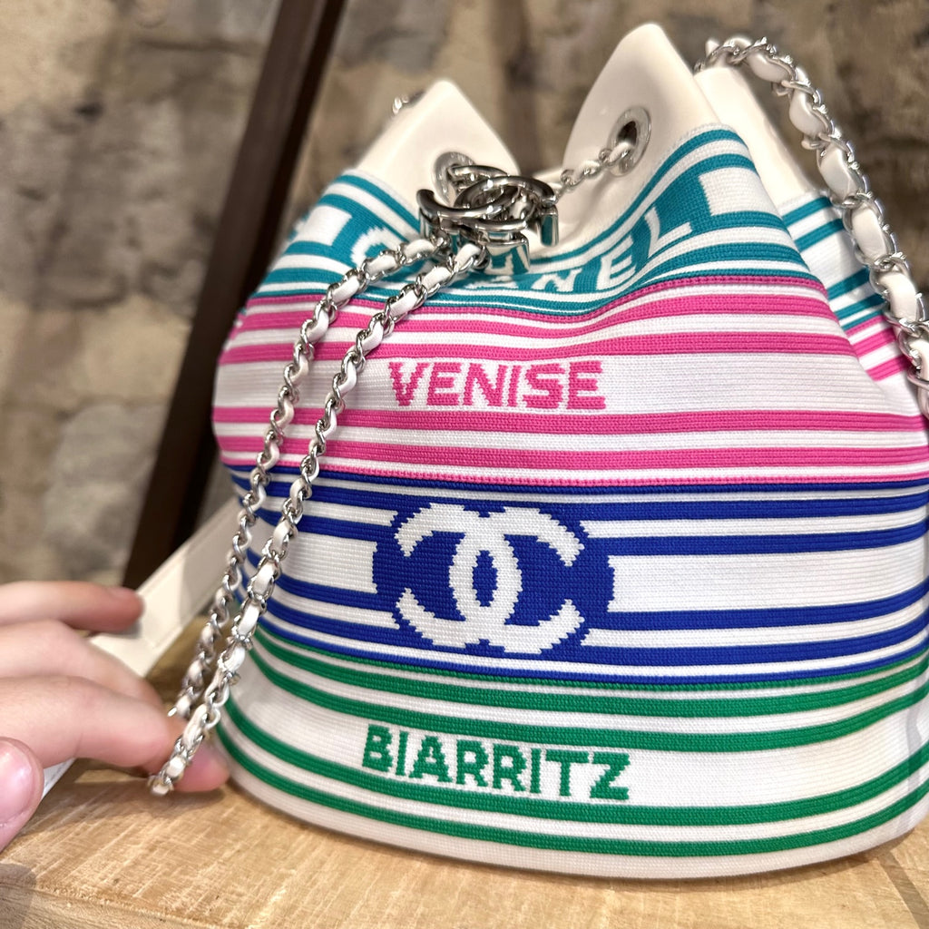 Chanel White Striped Deauville Venise Biarritz Drawstring Bucket Bag