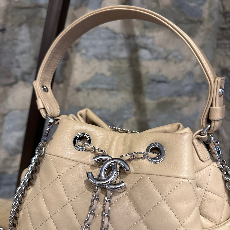 Chanel Beige Quilted Lambskin Small CC Chain Crossbody Bucket Bag