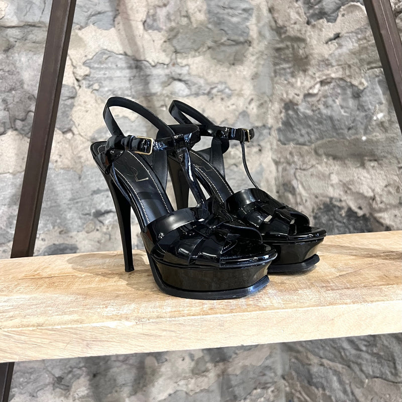 Sandales à plateforme Tribute en cuir vernis noir Yves Saint-Laurent