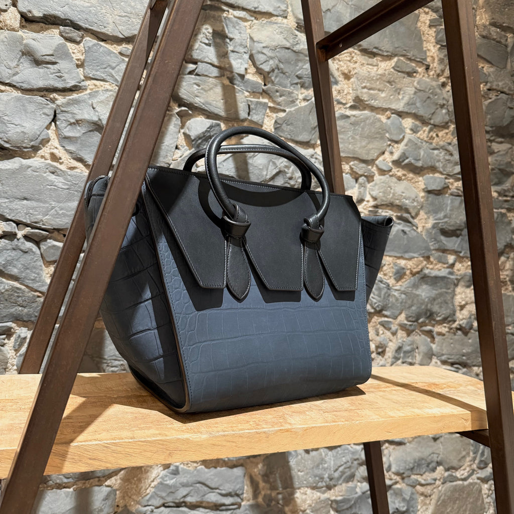 Céline Midnight Blue Croc Embossed Nubuck Small Tie Knot Tote Bag