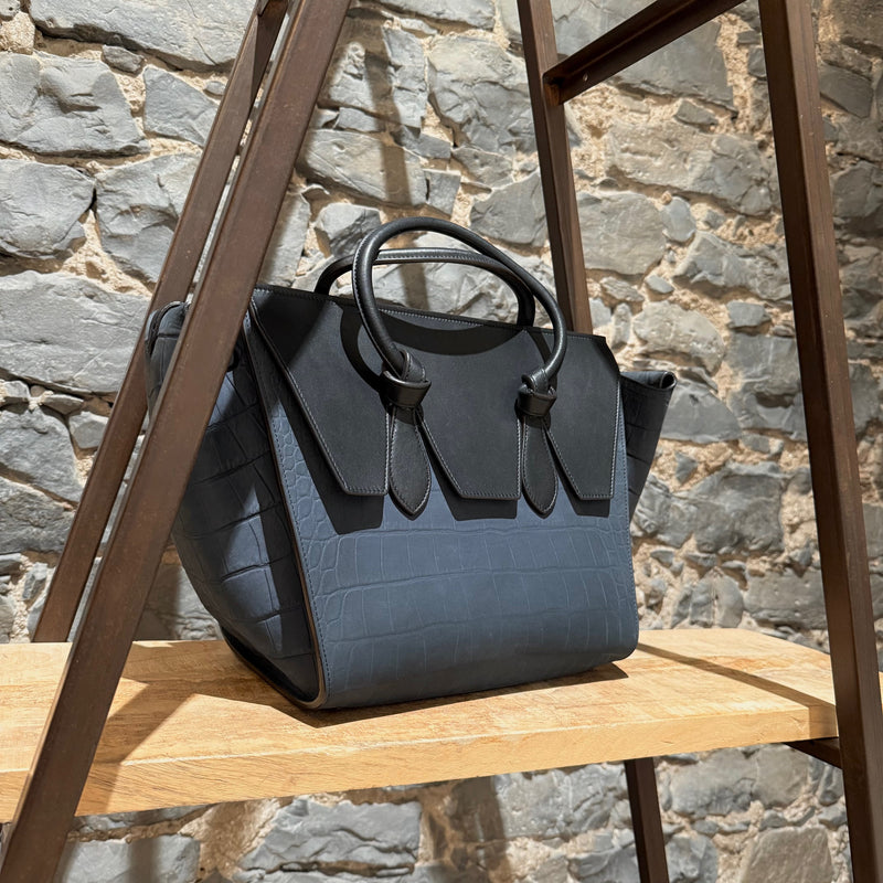 Céline Midnight Blue Croc Embossed Nubuck Small Tie Knot Tote Bag