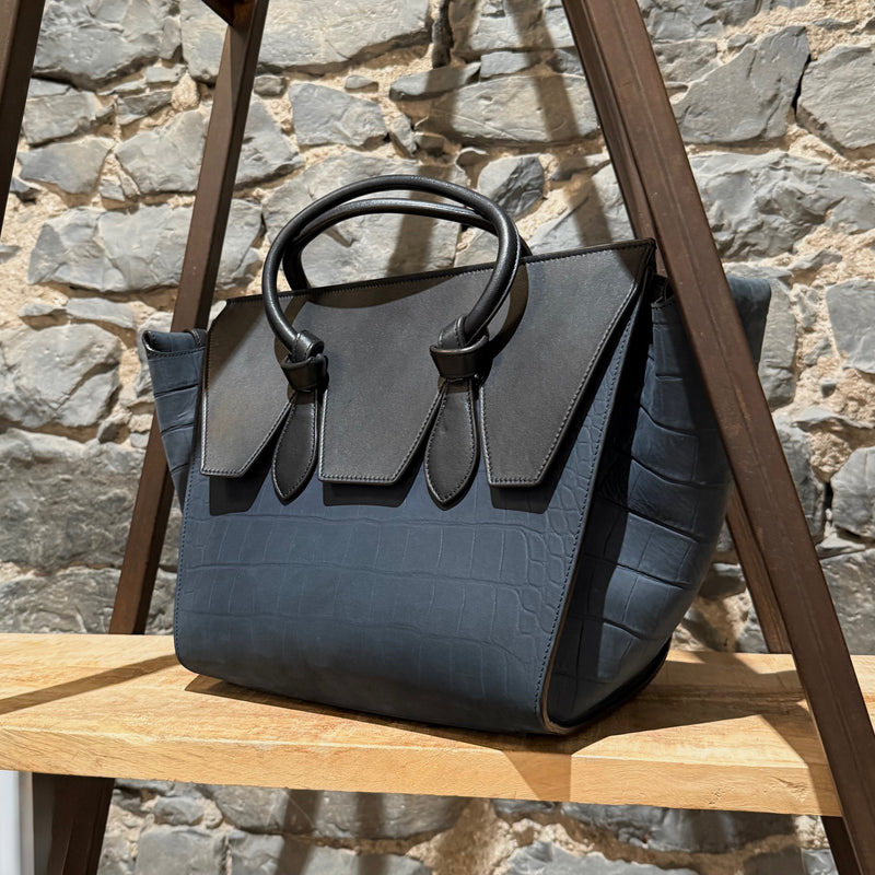 Céline Midnight Blue Croc Embossed Nubuck Small Tie Knot Tote Bag