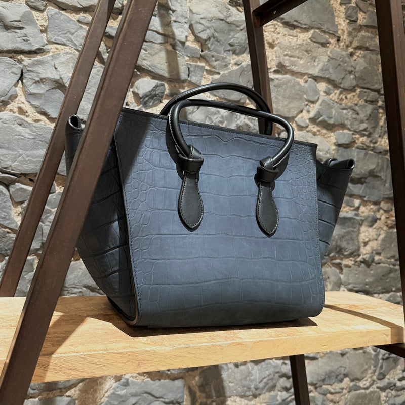 Céline Midnight Blue Croc Embossed Nubuck Small Tie Knot Tote Bag