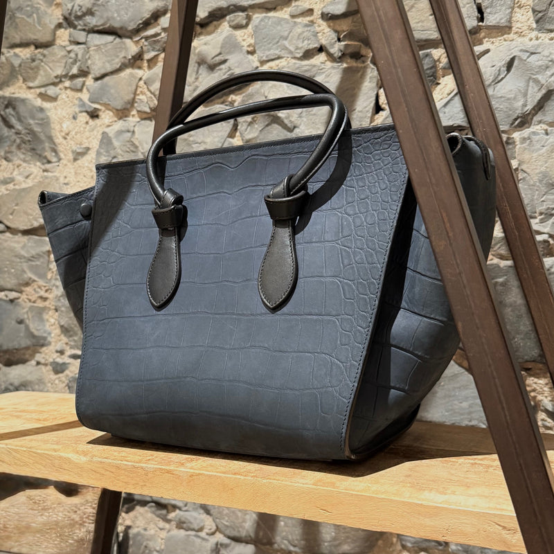 Céline Midnight Blue Croc Embossed Nubuck Small Tie Knot Tote Bag