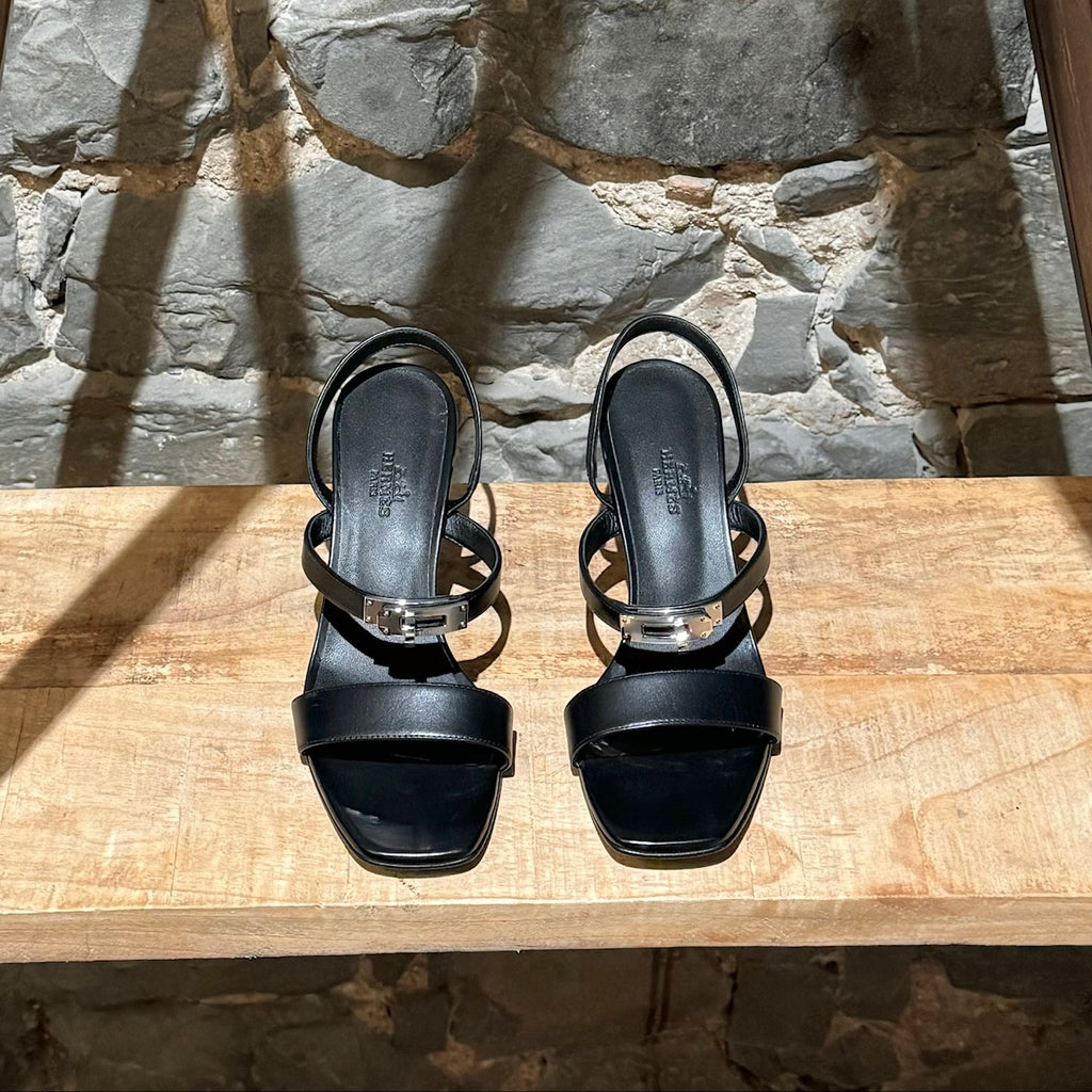 Hermès Black Glamour 75 Kelly Hardware Heeled Sandals