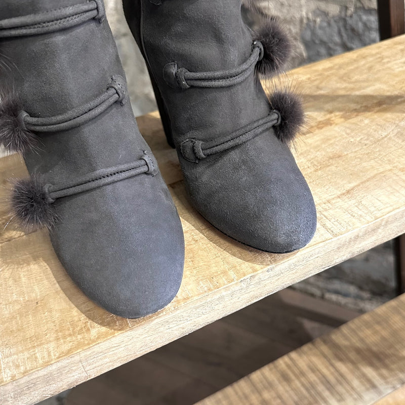 Aquazzura Grey Suede Mink Fur Accent Heeled Booties