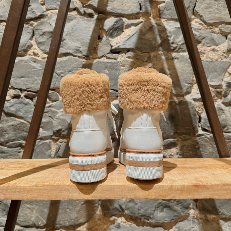 Hermès White Leather Flocon Wedge Shearling Boots