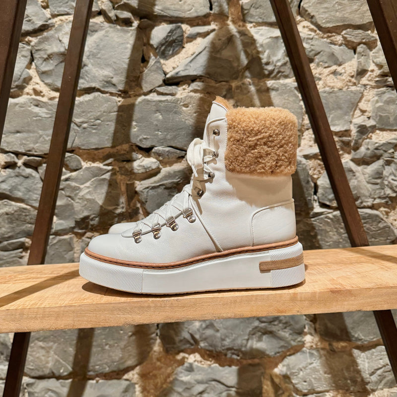 Hermès White Leather Flocon Wedge Shearling Boots