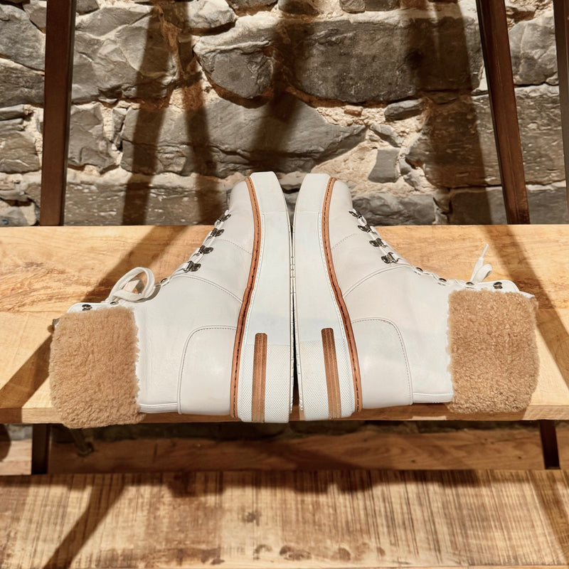 Hermès White Leather Flocon Wedge Shearling Boots