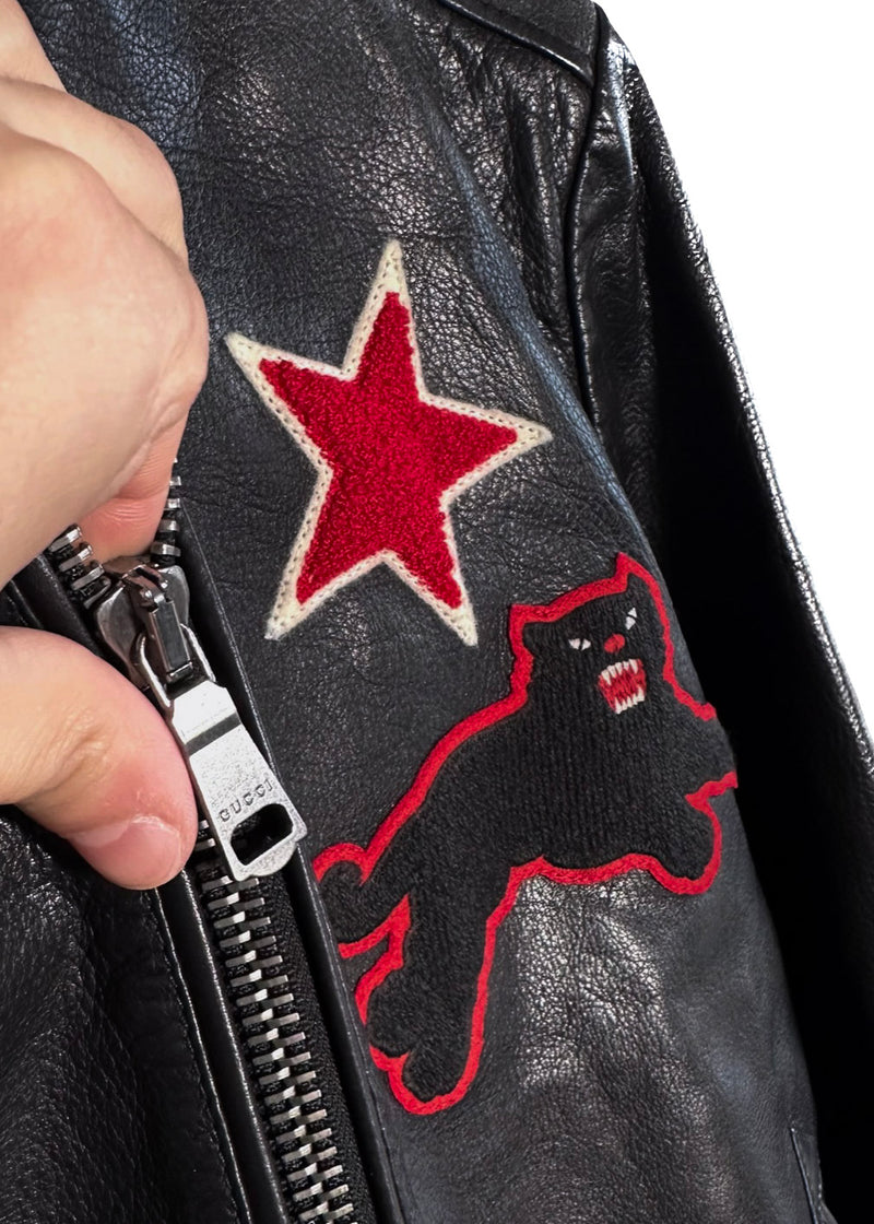 Gucci Black Panther Star Embroidered Web Accent Leather Jacket