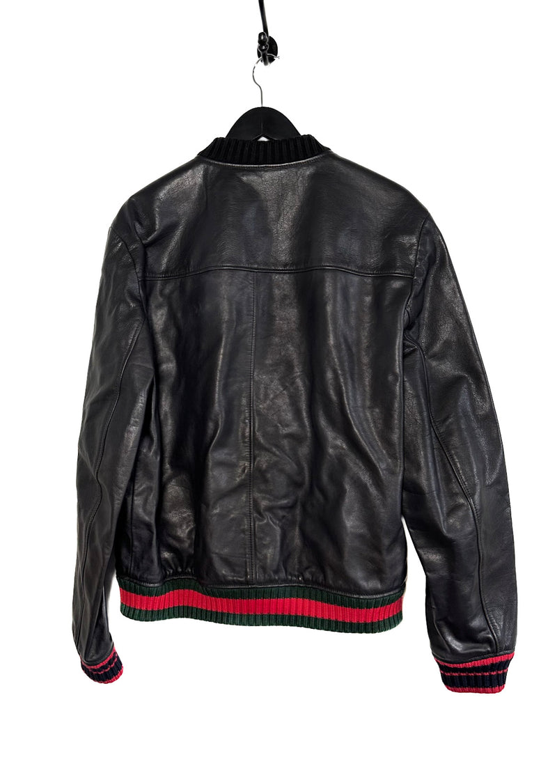 Gucci Black Panther Star Embroidered Web Accent Leather Jacket
