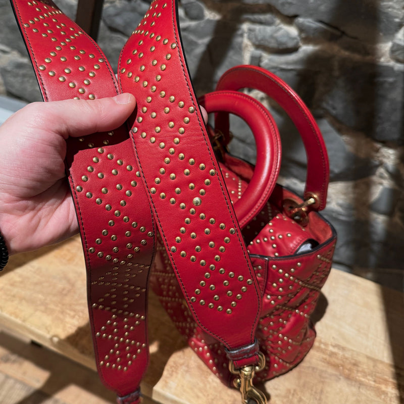 Christian Dior Red Leather Gold Studded Medium Lady Dior Bag