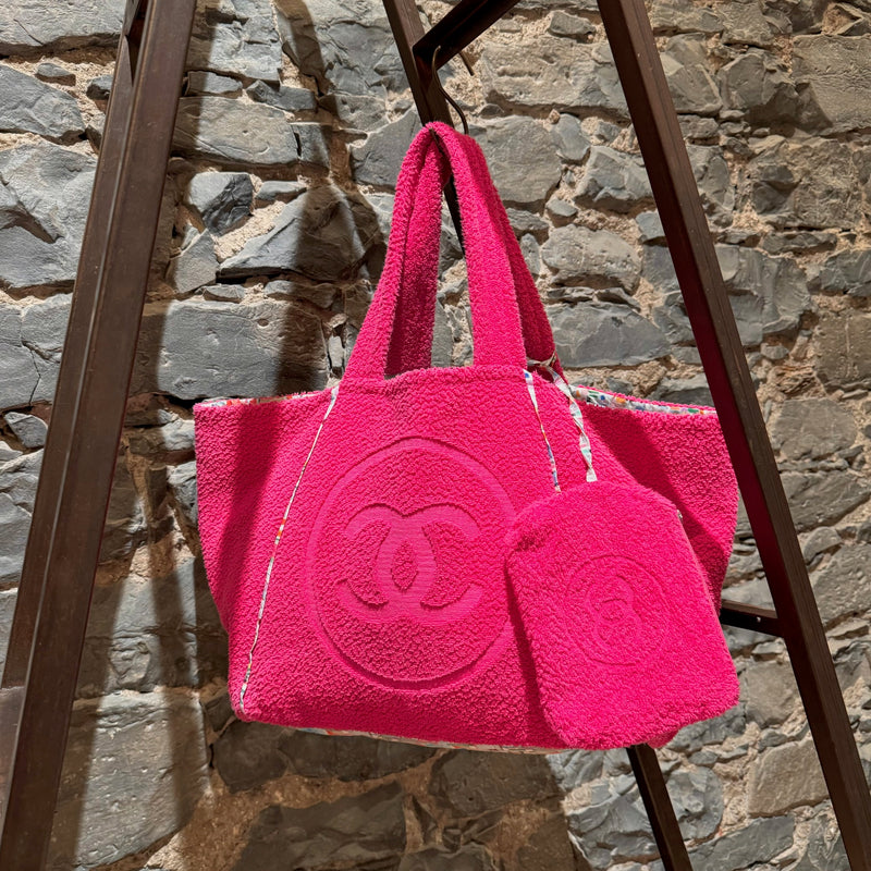 Chanel 2019 Pink Terry Cloth CC Beach Bag With Pouch & Towel