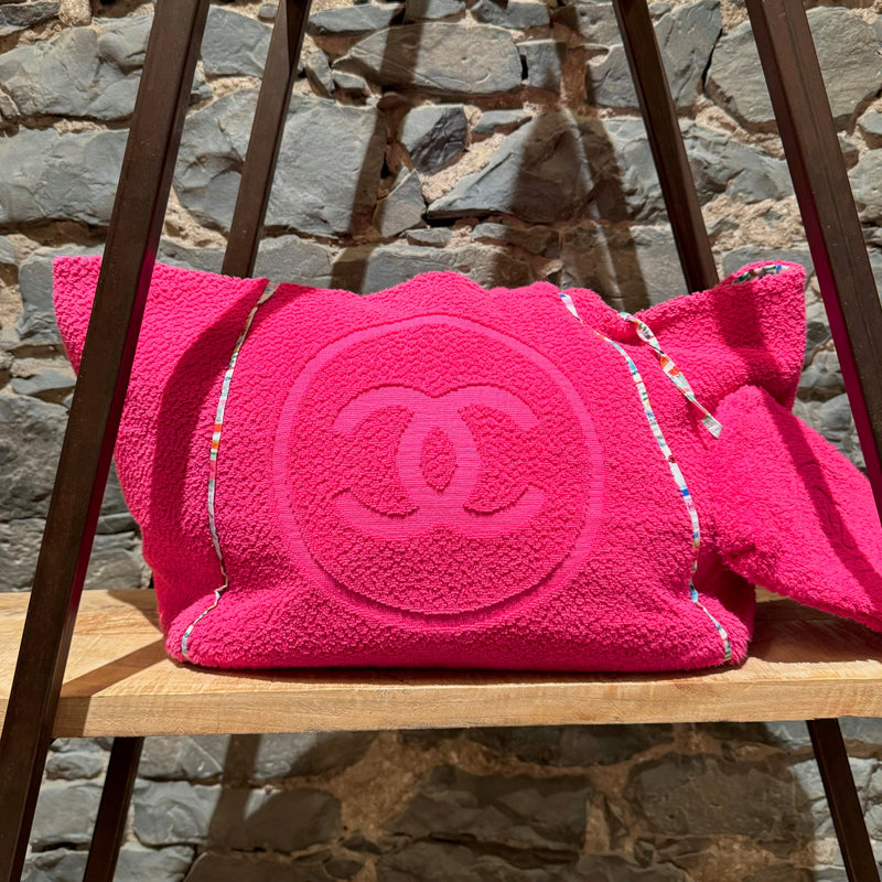 Chanel 2019 Pink Terry Cloth CC Beach Bag With Pouch & Towel