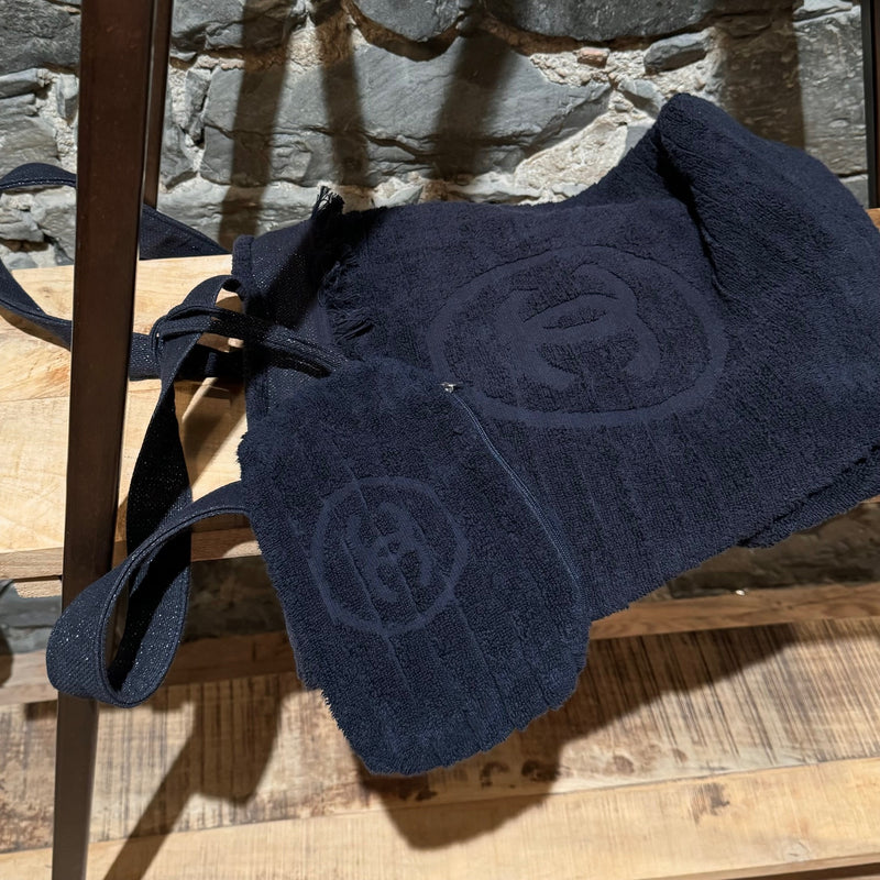 Chanel Navy Blue Terry Cloth CC Beach Bag With Pouch & Towel