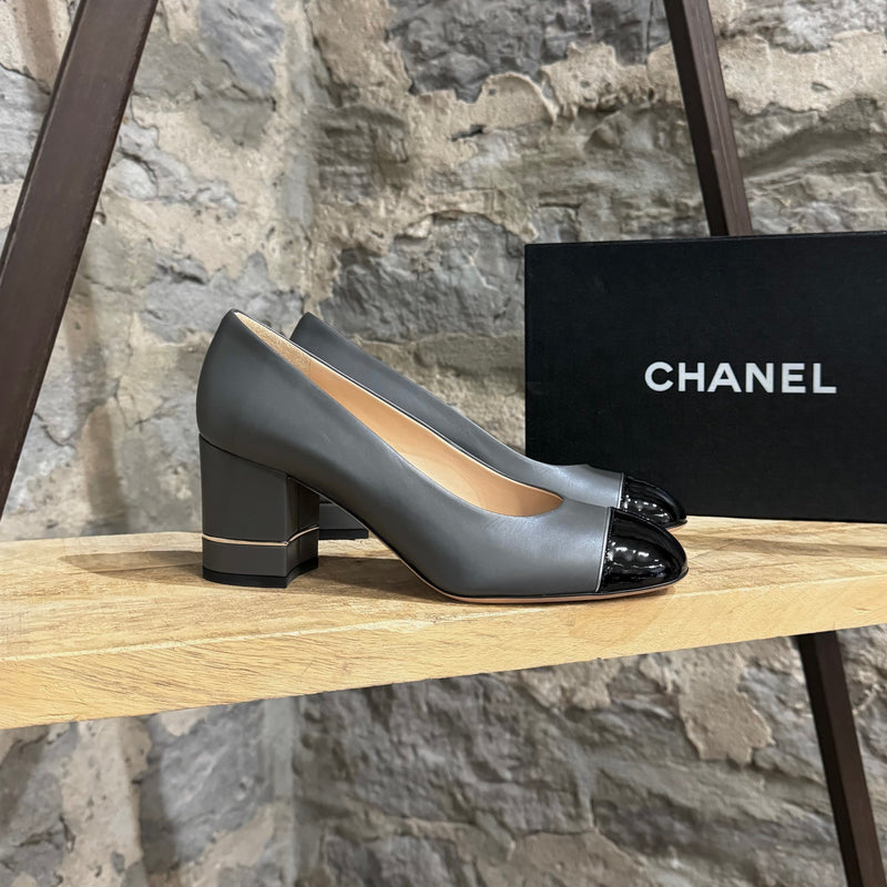 Chanel 2016 Grey Captoe CC Block Heels Pumps