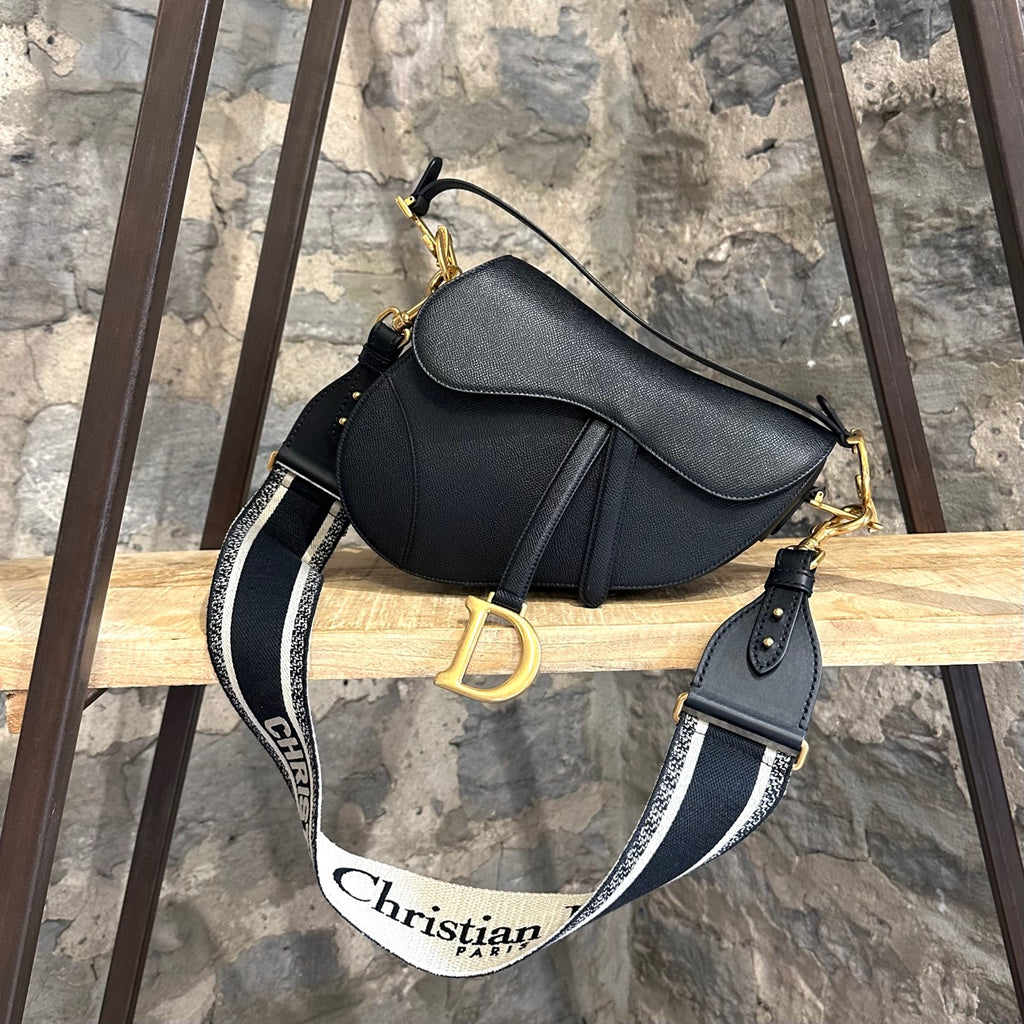 Dior Black Grained Leather Saddle Bag With Embroidered Shoulder Strap
