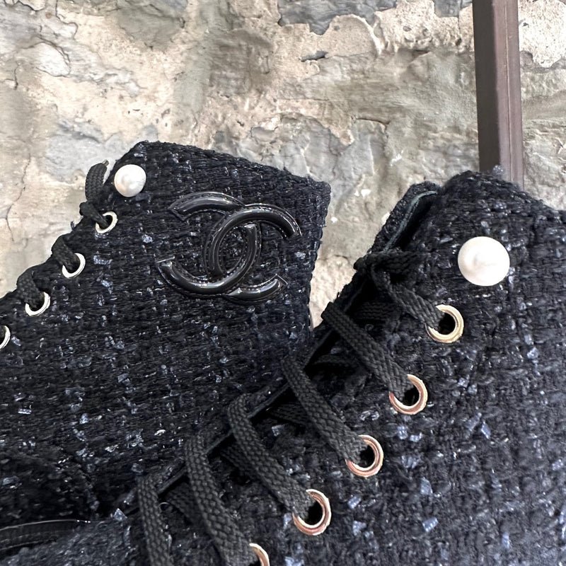 Chanel 2019 Interlocking CC Tweed Combat Boots